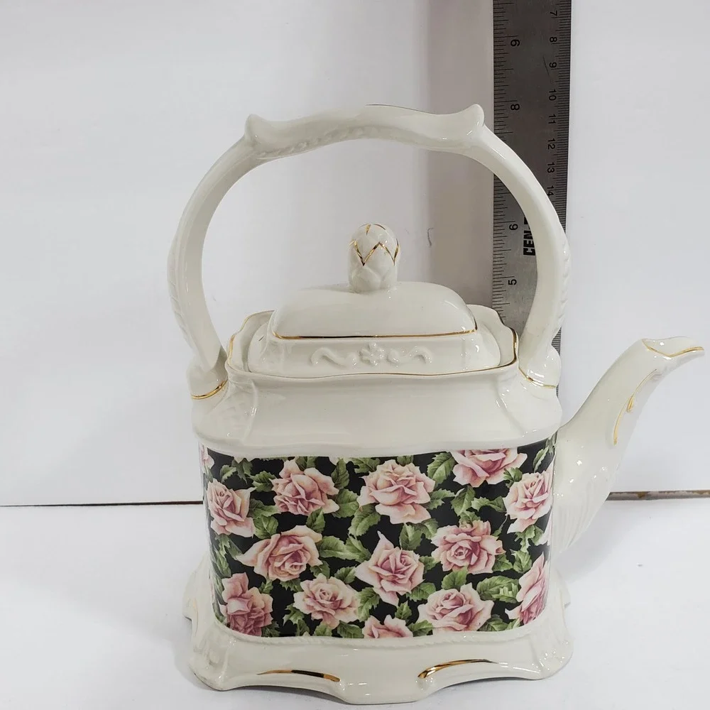 Crown Dorset Teapot Staffordshire England Pink Rose Black‎ Floral Gold Gilt Trim